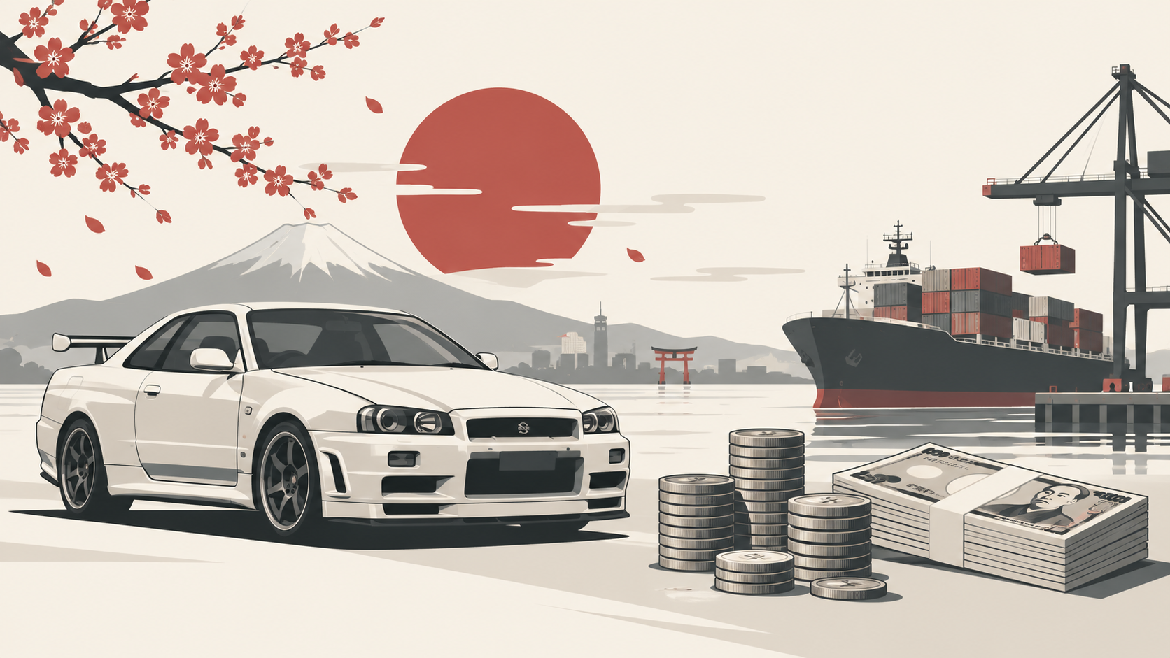 Nissan Skyline GT-R R34 obok stosu jenów i kontenerowca w japońskim porcie