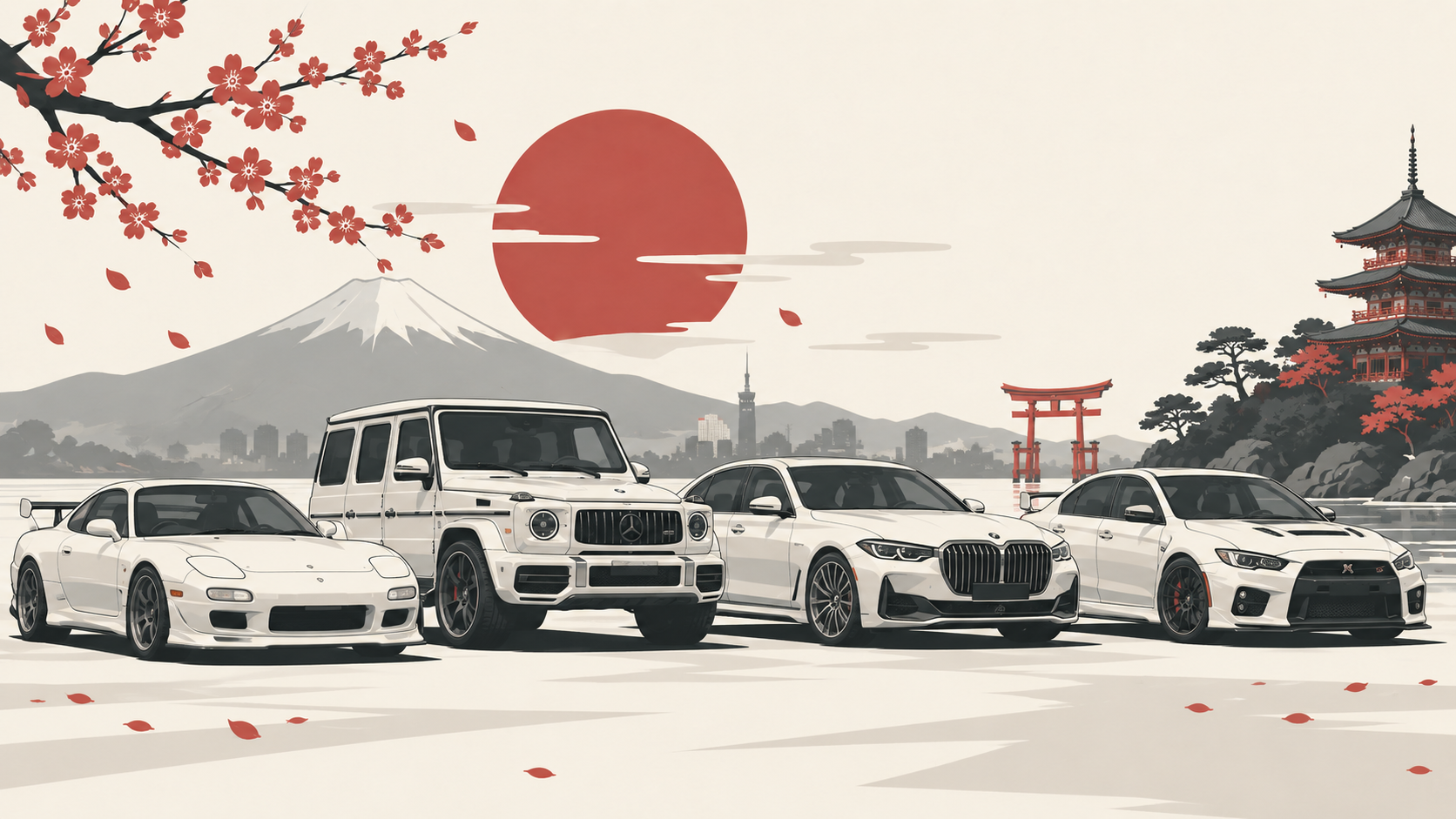 Cztery białe samochody sprowadzone z Japonii ustawione obok siebie na tle Fuji